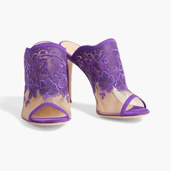Gianvito Rossi - Giada Embroidered Mesh and Lace Mules in Purple - Picture 1 of 6